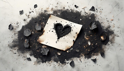 Love and Loss. A half-burned love letter surrounded by ashes.  - obrazy, fototapety, plakaty