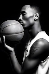 African American basketball player with basketball, black and white portrait