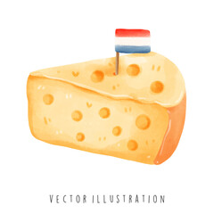 Holland symbol landmarks with dutch cheese in watercolor style. Vector illustration