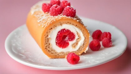 Swiss roll stuffed with cream and raspberries in the white plate.
