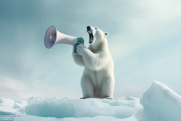 Polar bear as protester with megaphone stands on the ice. Global climate change concept. - obrazy, fototapety, plakaty