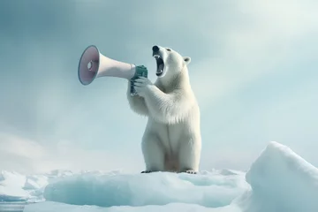 Fotobehang Polar bear as protester with megaphone stands on the ice. Global climate change concept. © SergeyIT