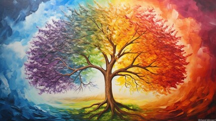 The tree of life with the 4 seasons. rainbow. romantic and optimistic. Oil painted with large 3d brushstrokes