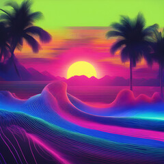 Nostalgische Neon Tafel . Sonnenuntergang unter Palmen . Wellen . KI Generated 