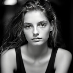 Fototapeta premium portrait noir et blanc d'une jeune fille un peu triste et rêveuse en intérieur