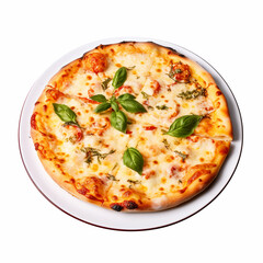 Delicious cheese pizza on a plate on isolated white background - ai generative