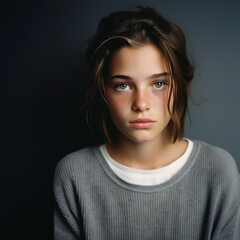Fototapeta premium portrait studio d'une adolescente brune en pullover gris, le regard mélancolique