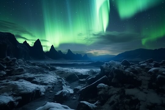 Scenic aurora illuminating rocky terrain. Majestic lights with space for text. Generative AI