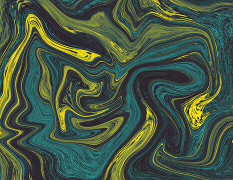 Abstract liquid marble yellow and green background. Fluid ink backdrop design. Contemporary art template for poster, cover, banner, catalog, or presentation.