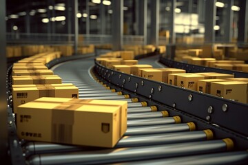 Packages moving on a conveyor. Generative AI