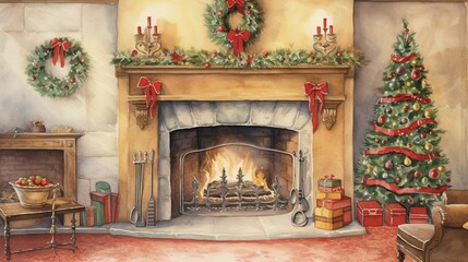Water color painting of 1950’s vintage colors Christmas fireplace interior