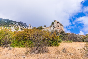 Mysterious mountain landscape of the Valley of Ghosts, a cluster of strangely shaped rocks on the western slope of Mount Demerdzhi in Crimea