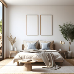 set of tree,Mockup frame in bedroom interior background, room in light pastel colors, 3d render