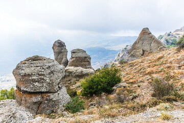 Mysterious mountain landscape of the Valley of Ghosts, a cluster of strangely shaped rocks on the western slope of Mount Demerdzhi in Crimea