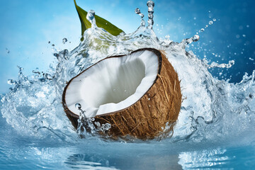 A half-peeled coconut falls on the water. until the water spreads up. - obrazy, fototapety, plakaty