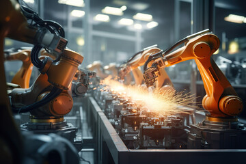 Robotics and Automation: Robotic Arms at Work in a Factory - obrazy, fototapety, plakaty