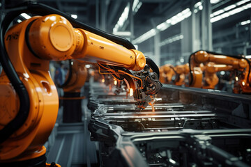 Robotics and Automation: Robotic Arms at Work in a Factory - obrazy, fototapety, plakaty