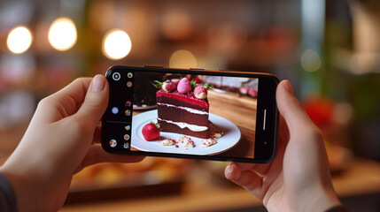 スマホでチョコレートケーキを撮っているスマホ画面　背景店内と光のボケ