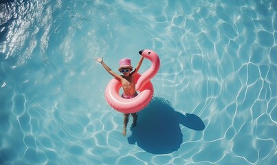 A Man in a Pink Hat Floating in a Pool with an Inflatable - obrazy, fototapety, plakaty