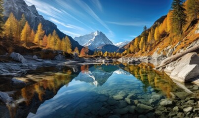 Naklejka na ściany i meble A Serene Reflection: Majestic Mountain Lake Embraced by Nature's Beauty