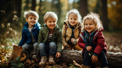 森の中で自然を楽しむ笑顔の子ども4人