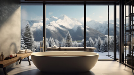 Interior Design Photography | Room Concepts |  Bathtub by huge windows overlook snow covered peaks. 