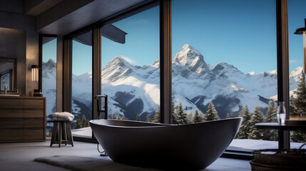 Interior Design Photography | Room Concepts |  Bathtub by huge windows overlook snow covered peaks. 