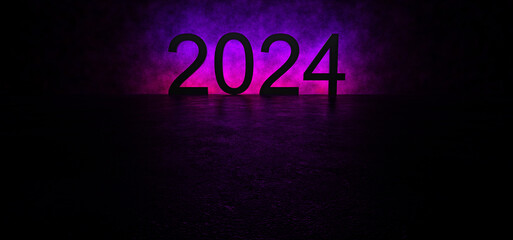 Happy New Year 2024. Glowing numbers on the background of a concrete wall. Neon lights with numbers 2024. 3D render.