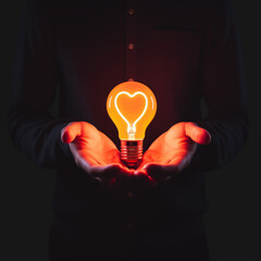 hands holding glowing lightbulb heart filament isolated on black studio background	