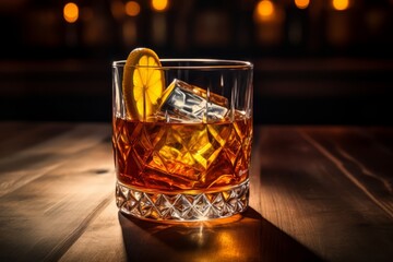 Classic Sazerac cocktail with a lemon twist garnish on a rustic bar setting with warm lighting