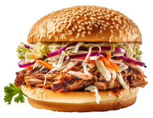 Closeup of a chicken burger with mixed salad in a bun isolated on transparent background
