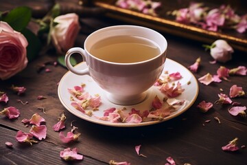 Fototapeta premium Enjoying a fragrant cup of Jasmine Rose Tea surrounded by blooming jasmine and rose petals on a vintage table