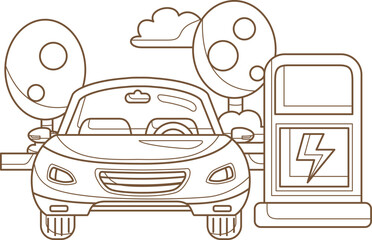 Go Green Technology Electric Car Eco Friendly Cartoon  Coloring Pages for Kids and Adult Activity