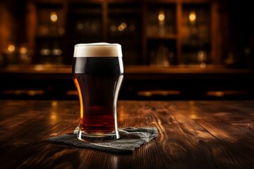 A delectable pint of Oatmeal Stout beer awaits on a weathered wooden counter in a classic tavern setting - obrazy, fototapety, plakaty