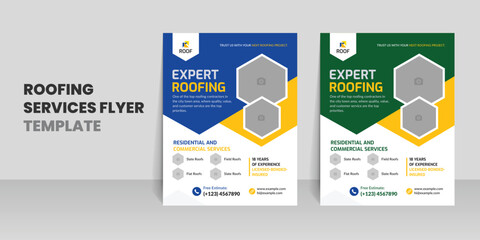 Roofing flyer template with home repair handyman services leaflet design - obrazy, fototapety, plakaty