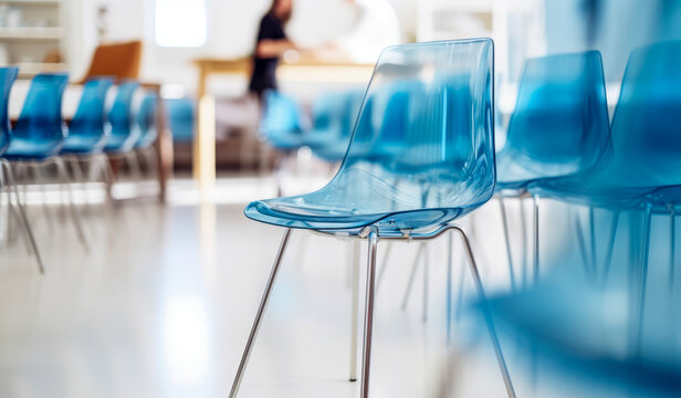 Blue office chairs stacked in an office.