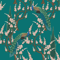 Oriental peacock, blossoming tree trees seamless pattern. Chinoiserie wallpaper. - 673854904