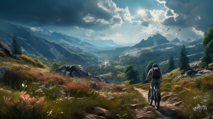 Fototapeta na wymiar Adventurous Mountain Biking Woman Riding Her Bike on an Offroad Trail