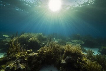 Fototapeta na wymiar Sunlight filters through water onto coral reef, seaweed, sponges below. Generative AI