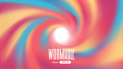 Wormhole background. Vector illustration eps10. Spiral hyperspace tunnel. Space portal for time traveling. Speed effect. Sky with clouds. Black hole vortex. Bright colors. red and yellow. Warp jump. - obrazy, fototapety, plakaty