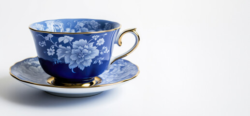 Blue, white and gold antique teacup isolated on a white banner style background.  Baroque. Portuguese or Spanish tile floral pattern.  - obrazy, fototapety, plakaty