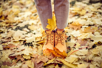 Autumn still life. Boots in autumn leaves