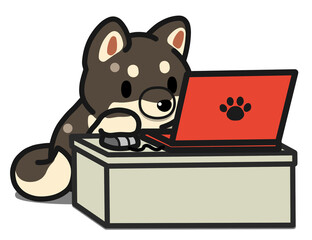 パソコン作業をする黒柴のデフォルメイラスト