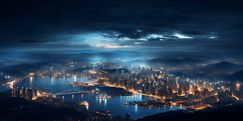 Fototapeta na wymiar Vista panorámica de una ciudad de noche 