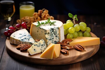 Delicious gourmet cheese platter with a variety of cheeses including Parmesan, Camembert, Brie and more.
