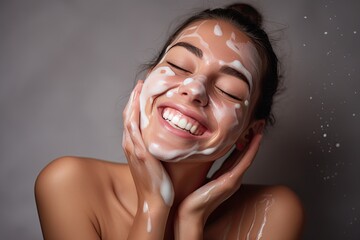 Happy woman applies skin care cleansing foam to her face, emphasizing the importance of maintaining healthy and clear skin. - obrazy, fototapety, plakaty
