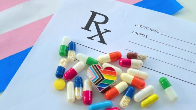 Hormonal pills after gender reassignment medical prescription form. Transgender transition and LGBT pride concept