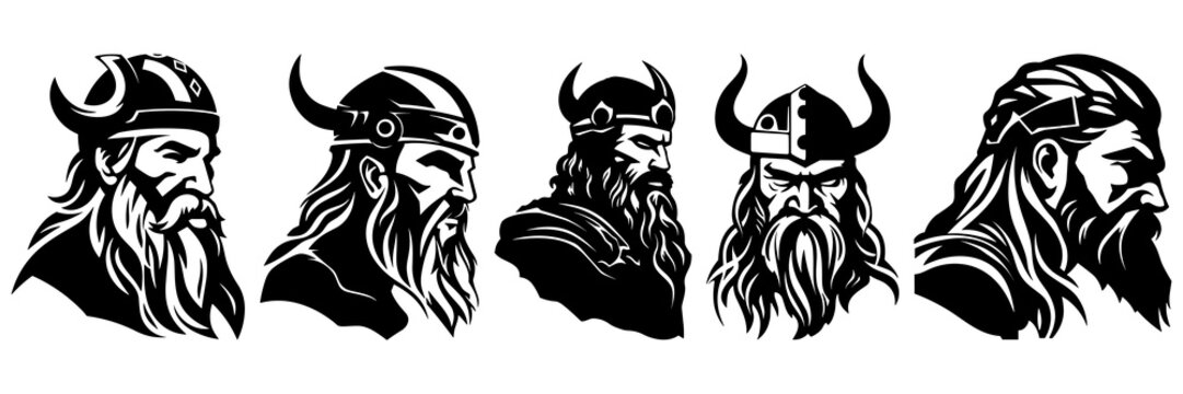 Viking nordic silhouettes set, large pack of vector silhouette design, isolated white background