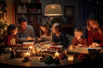 Happy Santa Claus, Saint Nicholas holding letter. Happy New Year, Merry Christmas greetings on xmas eve sitting at table late at home.