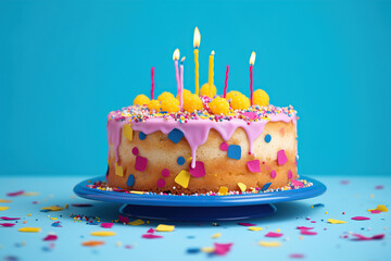 Birthday Bliss, Colorful Cake on Vibrant Blue Backdrop